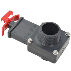 Two 1.5-inch black ABS pool gate valves with red handles and barbed ports.
