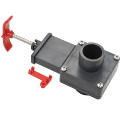 Two 1.5-inch black ABS pool gate valves with red handles and locking clips.