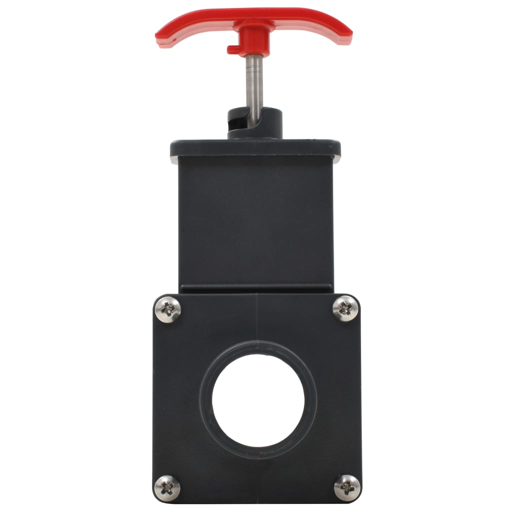 Two 1.5-inch black ABS pool gate valves with red handles and barbed ports.