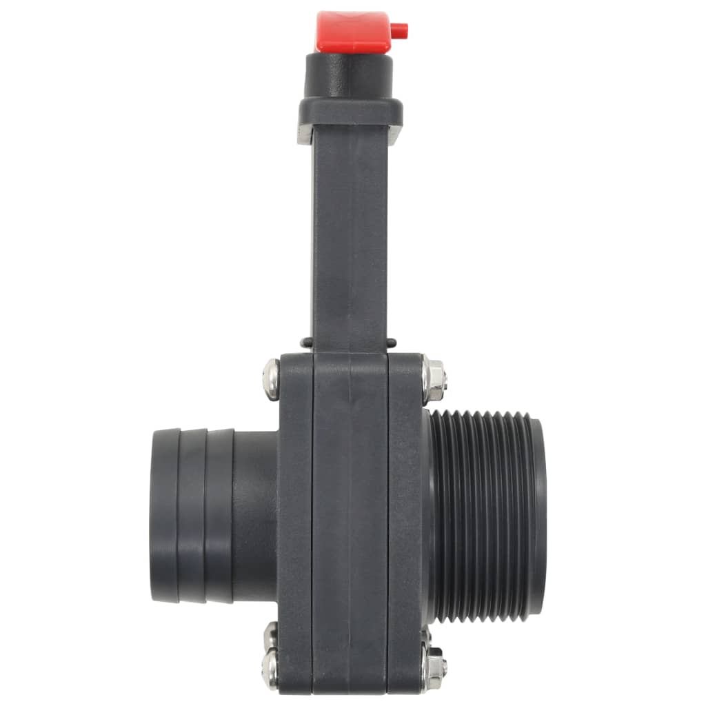 A dark gray gate valve with a red locking clip, a barbed port, and male threads.