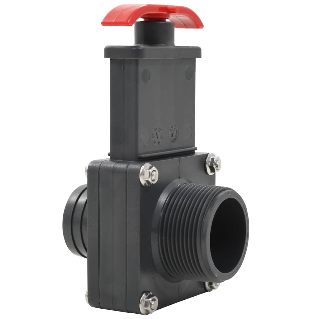Black ABS pool gate valve with red handle and 1.5-inch male threads, sold in 2-pack.