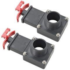 Two black ABS pool gate valves, 1.5 inch, with red handles, shown side by side.