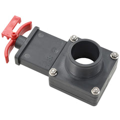 Black ABS pool gate valve with red handle and 1.5-inch threaded ports.