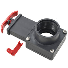 Two black ABS pool gate valves, 1.5 inch, with red handles and locking clips.