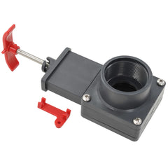 Two gray ABS pool gate valves, 1.5 inch, with red handles and locking clips.