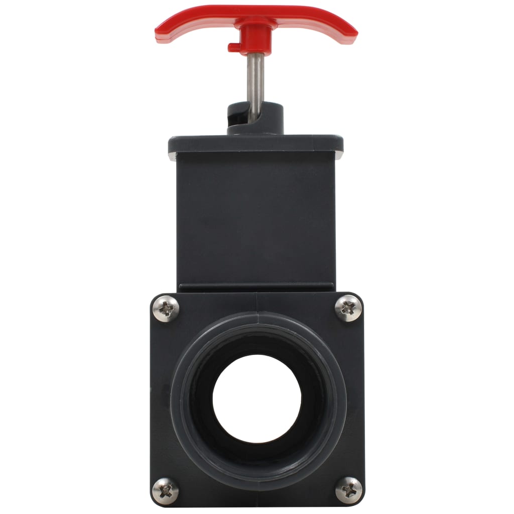 Black ABS pool gate valve with red handle and 1.5-inch port.
