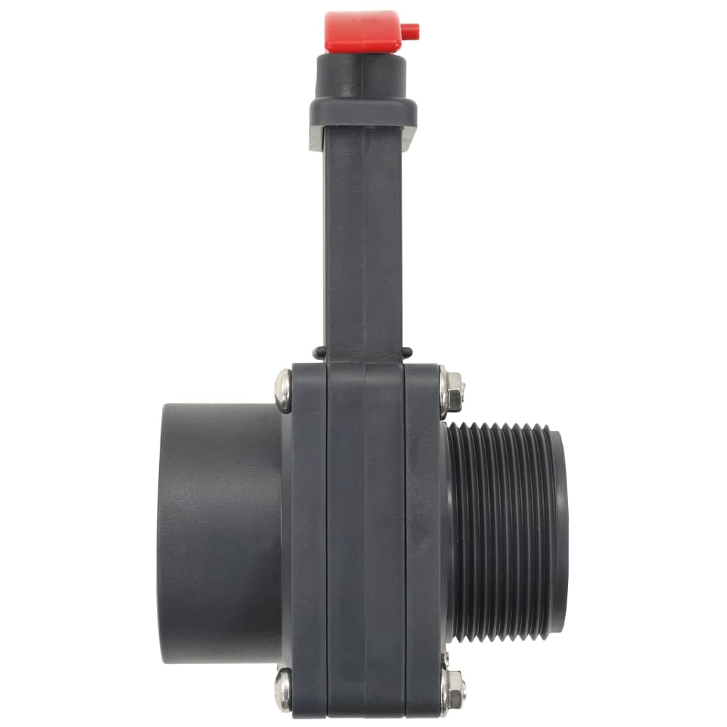 Black ABS pool gate valve with red handle and 1.5-inch threaded ports.