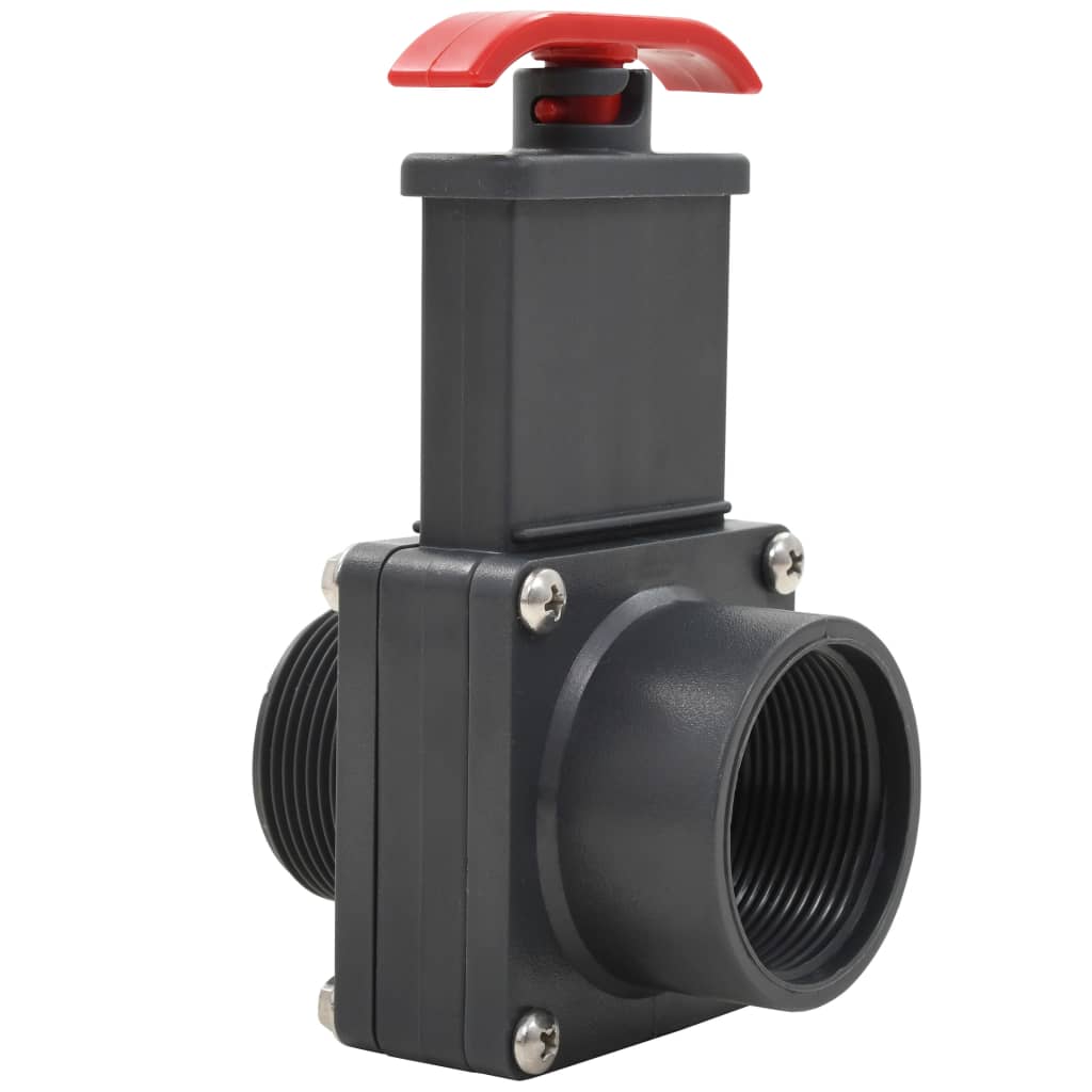 Black ABS pool gate valve with red handle and 1.5-inch threaded ports.