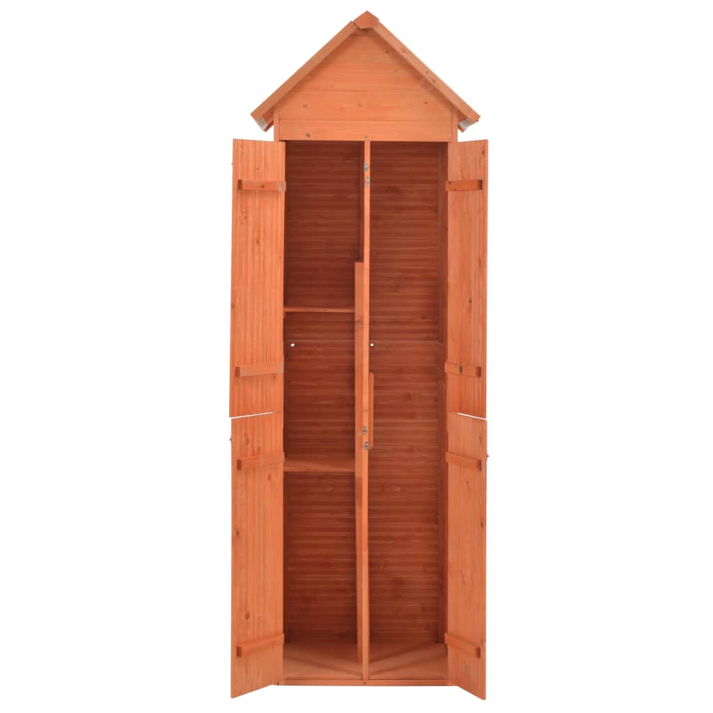 Tall wooden garden storage shed with gabled roof, double doors, and shelves, measuring 28x23.6x83.9 inches.