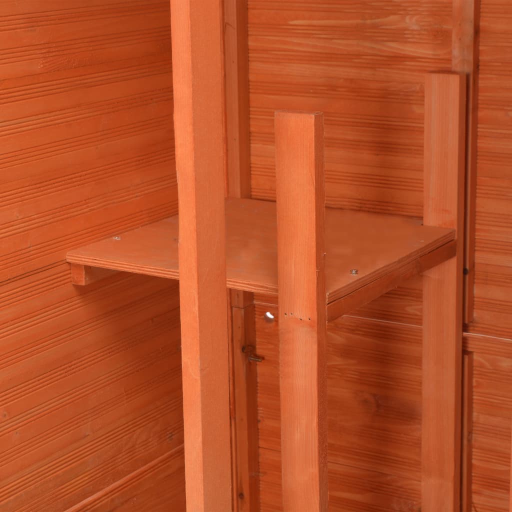 Wooden garden storage shed with wooden frame, shelves, and doors.