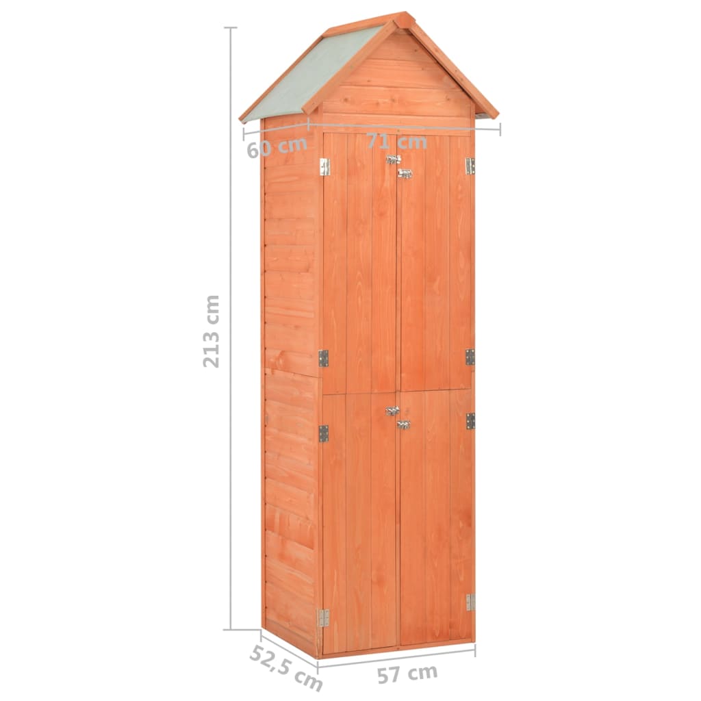 Tall wooden garden storage shed with sloped roof and double doors, dimensions 28x23.6x83.9 inches.