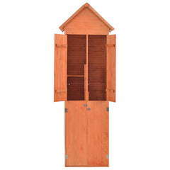 Wooden garden storage shed with gabled roof and open double doors, 28x23.6x83.9 inches.
