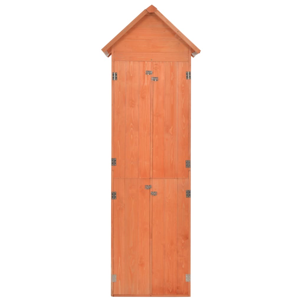 Wooden garden storage shed with gabled roof and double doors, 28x23.6x83.9 inches.