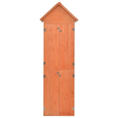 Wooden garden storage shed with gabled roof and double doors, 28x23.6x83.9 inches.