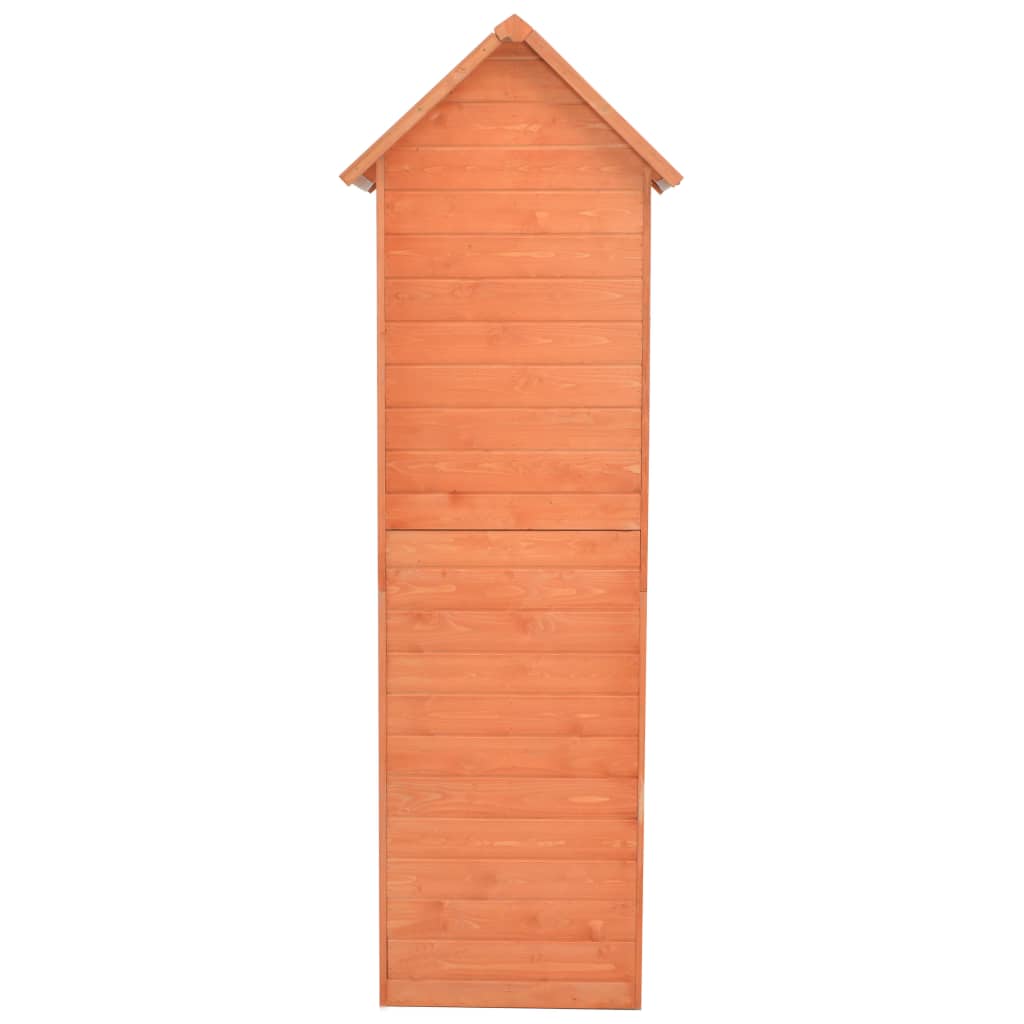 Tall wooden garden storage shed with gabled roof and double doors, 28x23.6x83.9 inches.
