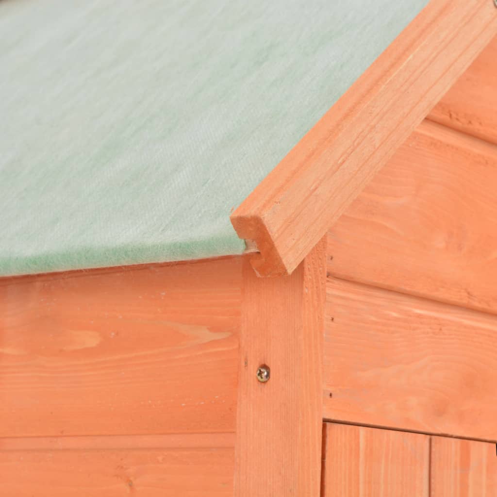 Wooden garden storage shed with orange wood frame, green roof, and double doors.
