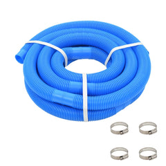 Blue LDPE pool hose, 1.5-inch diameter and 19.7 feet long, coiled with four included clamps.