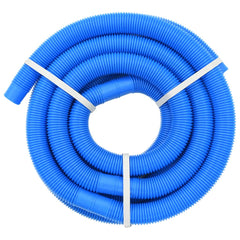 A coiled blue LDPE pool hose, 1.5-inch diameter and 19.7 feet long, secured with white straps and including clamps.