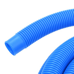 Blue LDPE pool hose, 1.5-inch diameter, 19.7 feet long, with clamps.