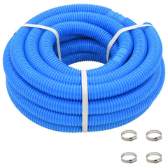 Blue LDPE pool hose, 1.5-inch diameter, 39.4 feet coiled with stainless steel clamps.