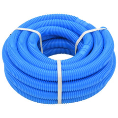 A coiled blue LDPE pool hose, 1.5 inches in diameter and 39.4 feet long, secured with white straps and clamps.