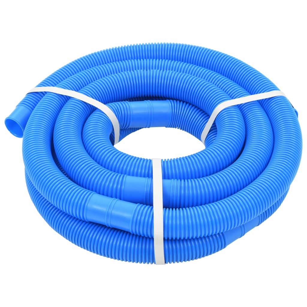 A coiled blue corrugated pool hose is secured with white straps.