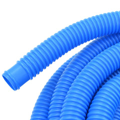 A coiled blue corrugated pool hose is shown against a white background.