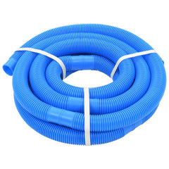 A coiled blue LDPE pool hose, 1.5 inches in diameter and 19.7 feet long, secured with white bands.