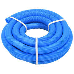 A coiled blue LDPE pool hose, 1.3 inches in diameter and 32.5 feet long, secured with white bands.