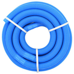 Blue LDPE pool hose, 1.3-inch diameter, 32.5 feet long, coiled and banded.