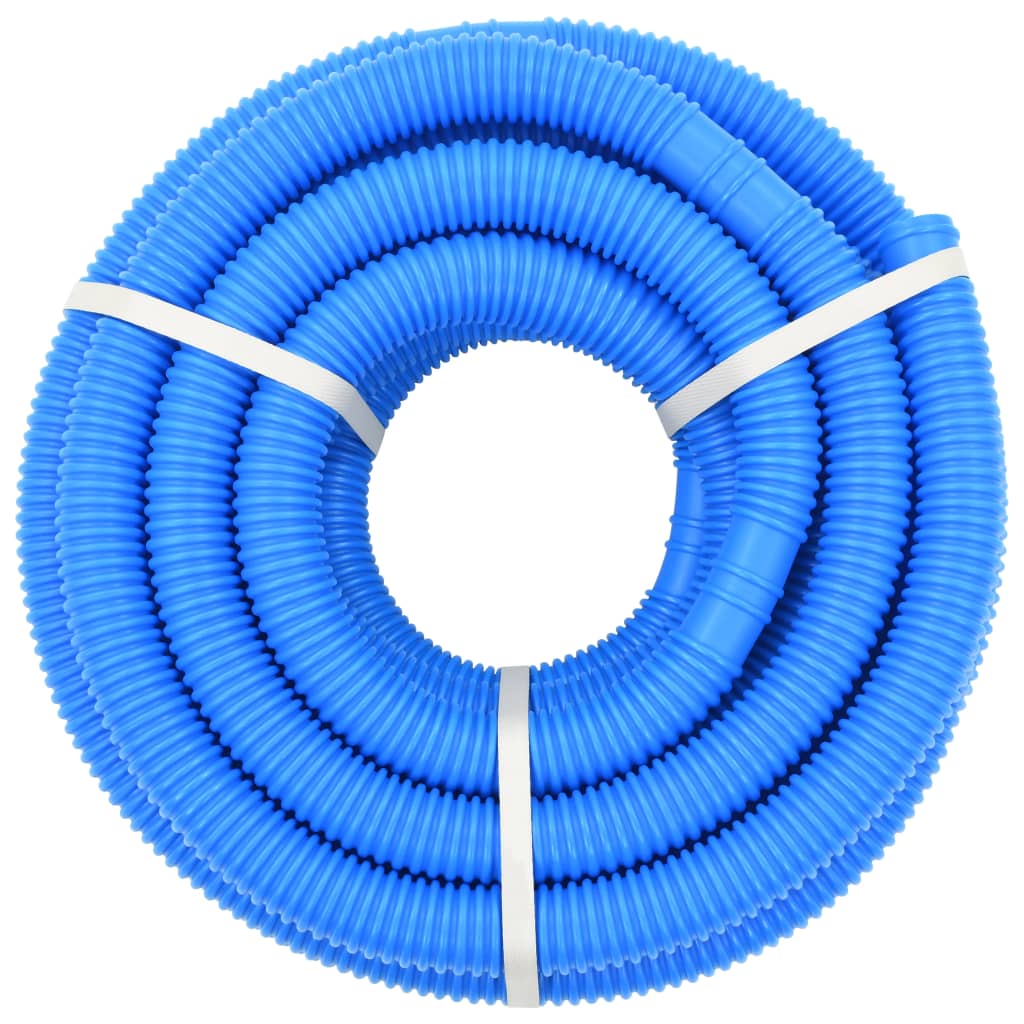 Coiled blue LDPE pool hose, 1.3-inch diameter, 39.7 feet long, secured with white straps.