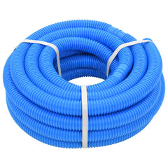 A coiled blue LDPE pool hose, 1.5 inches in diameter and 39.4 feet long, secured with white straps.