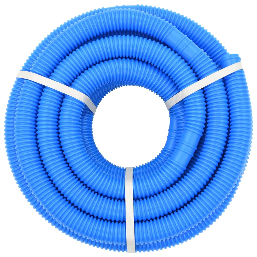 Blue LDPE pool hose, 1.5-inch diameter, 39.4 feet long, coiled and banded.