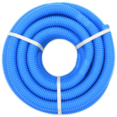Blue LDPE pool hose, 1.5-inch diameter, 39.4 feet long, coiled and banded.