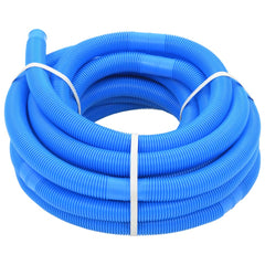 Blue LDPE pool hose, 1.3-inch diameter, 50.5 feet long, coiled and tied.