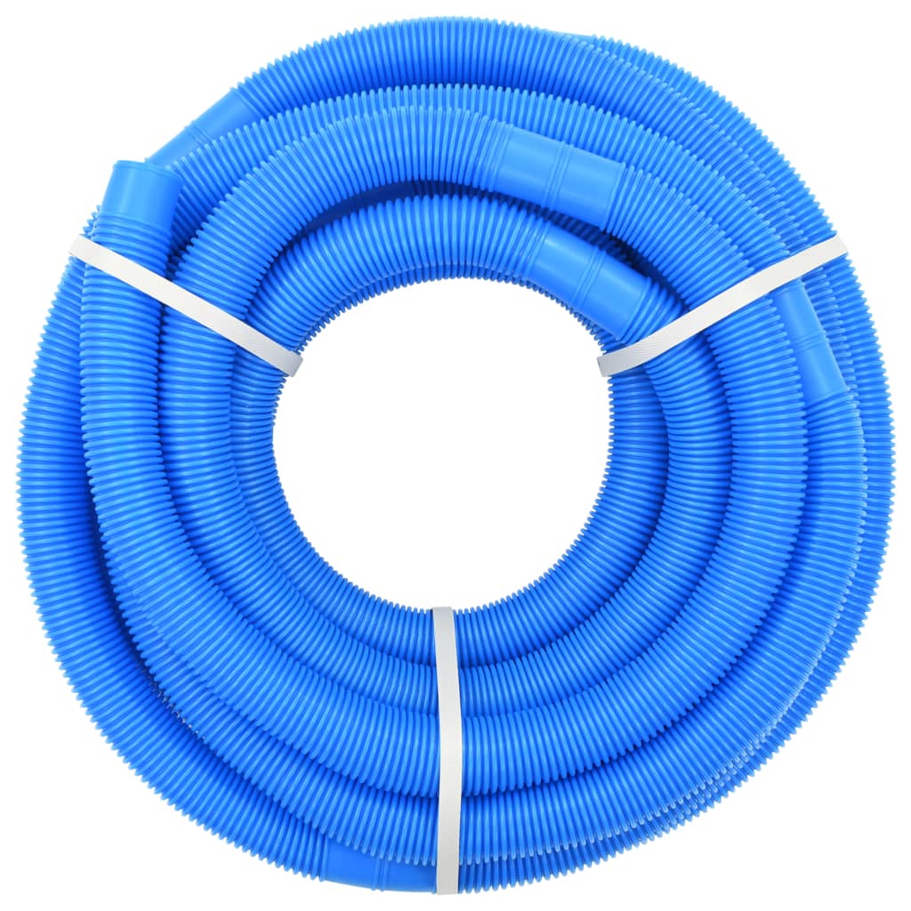 Blue LDPE pool hose, 1.3-inch diameter, 50.5 feet long, coiled and banded.