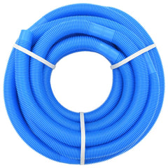 Blue LDPE pool hose, 1.3-inch diameter, 50.5 feet long, coiled and banded.