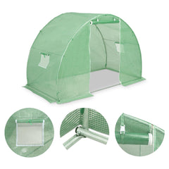 Green PE mesh greenhouse, 118x59x79 inches, with windows and door.