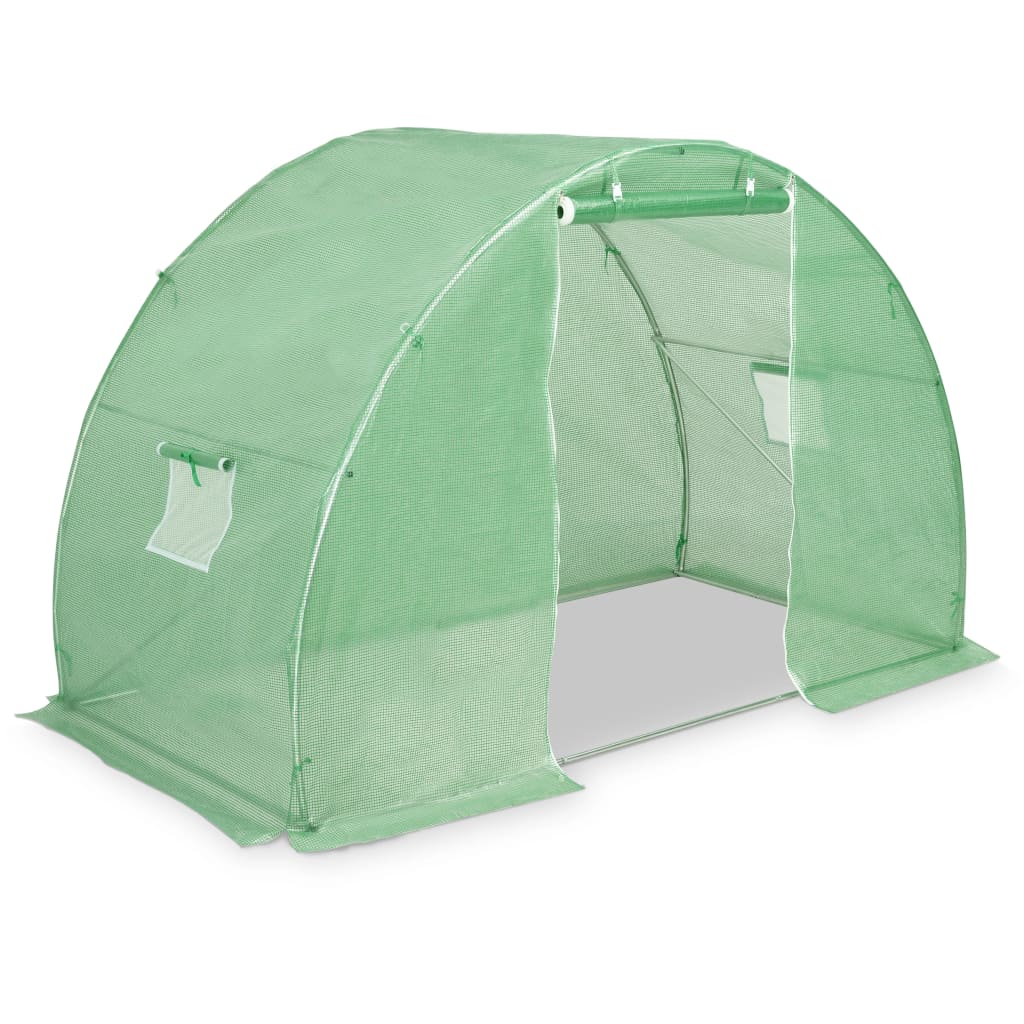 Green PE mesh greenhouse, 118x59x79 inches, with windows and arched frame.