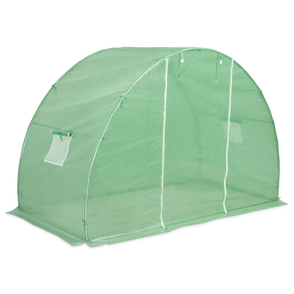 Green PE mesh greenhouse, 118x59x79 inches, with windows and door.