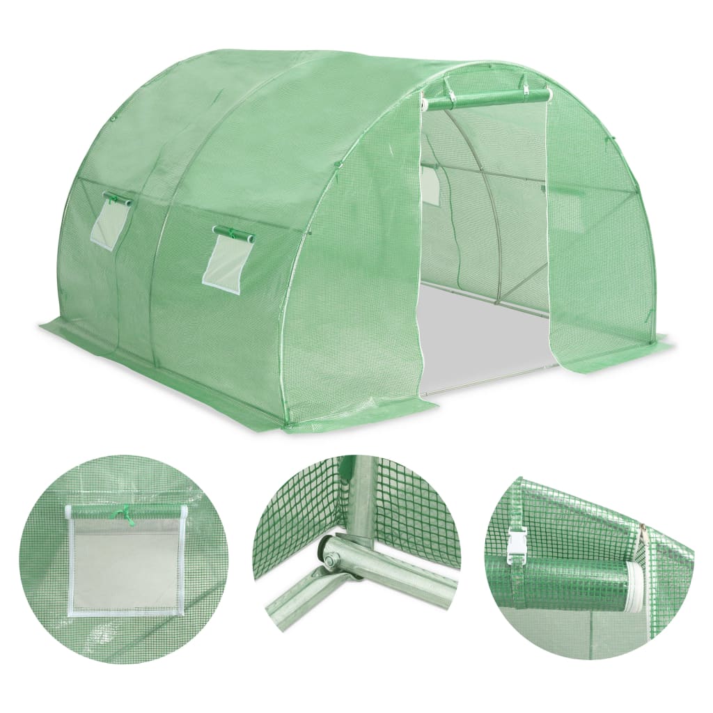 Green 118x118x79 inch walk-in greenhouse with PE mesh fabric and galvanized steel frame, featuring roll-up windows and a zip door.