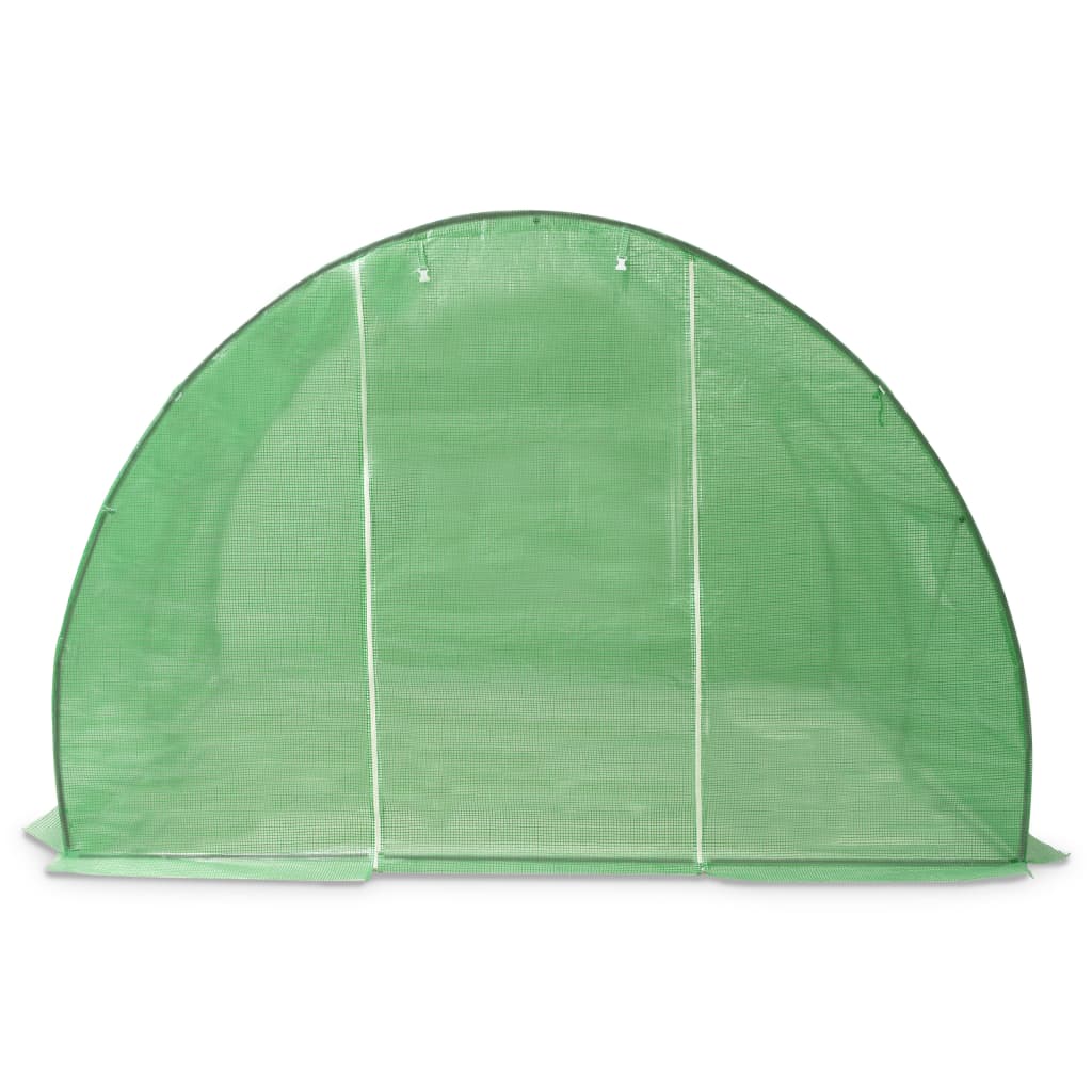 Green PE mesh greenhouse with arched frame, measuring 118x118x79 inches.