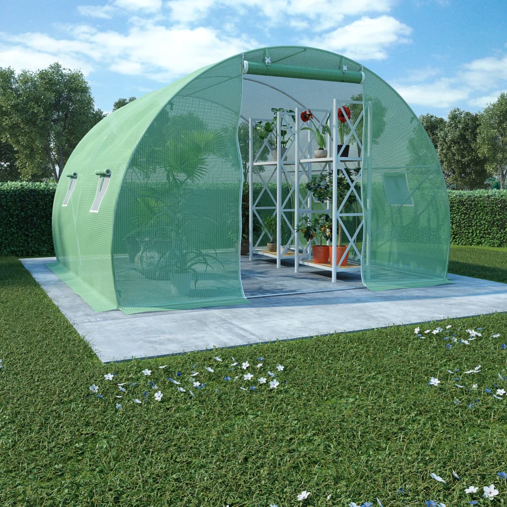 Green PE mesh greenhouse, 118x118x79 inches, with steel frame, plants, and roll-up windows.