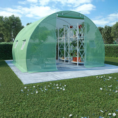 Green PE mesh greenhouse, 118x118x79 inches, with steel frame, plants, and roll-up windows.