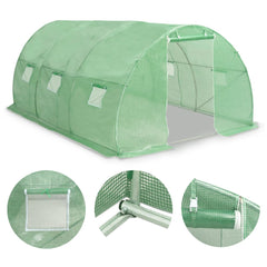 Green PE mesh greenhouse measuring 177.2x118.1x78.7 inches with galvanized steel frame and roll-up windows.