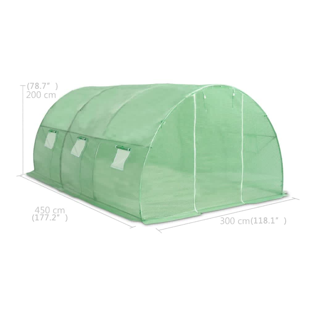 Green PE mesh greenhouse measuring 177.2x118.1x78.7 inches with steel frame and windows.