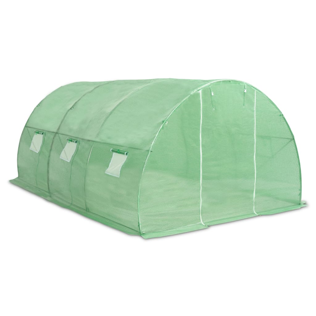 Green PE mesh greenhouse measuring 177.2x118.1x78.7 inches with galvanized frame and windows.