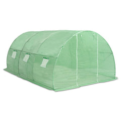 Green PE mesh greenhouse measuring 177.2x118.1x78.7 inches with galvanized frame and windows.