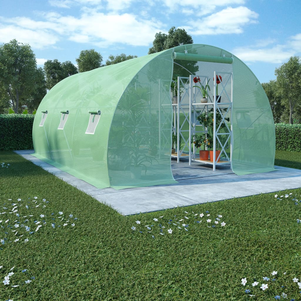 Green PE mesh greenhouse, 177.2x118.1x78.7in, with steel frame, windows, door, and plants inside.