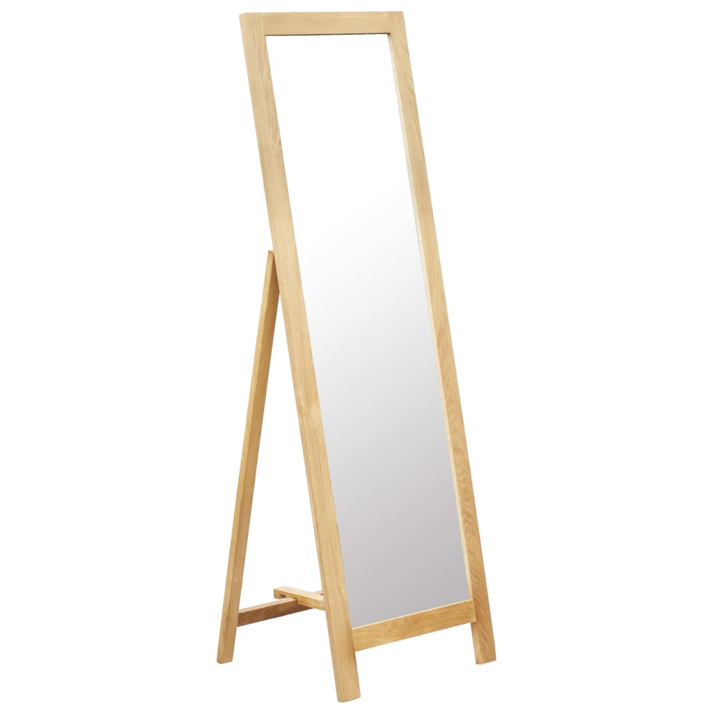 Tall freestanding mirror with solid oak wood frame and natural grain finish.